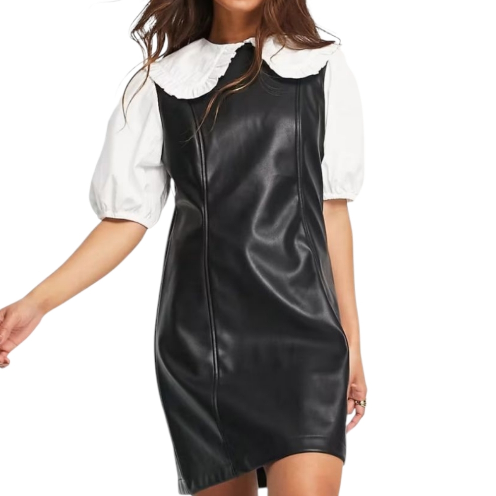 Neon Rose Mini Retro Pinafore Dress in Black PU White Blouse Underlay Sz Large